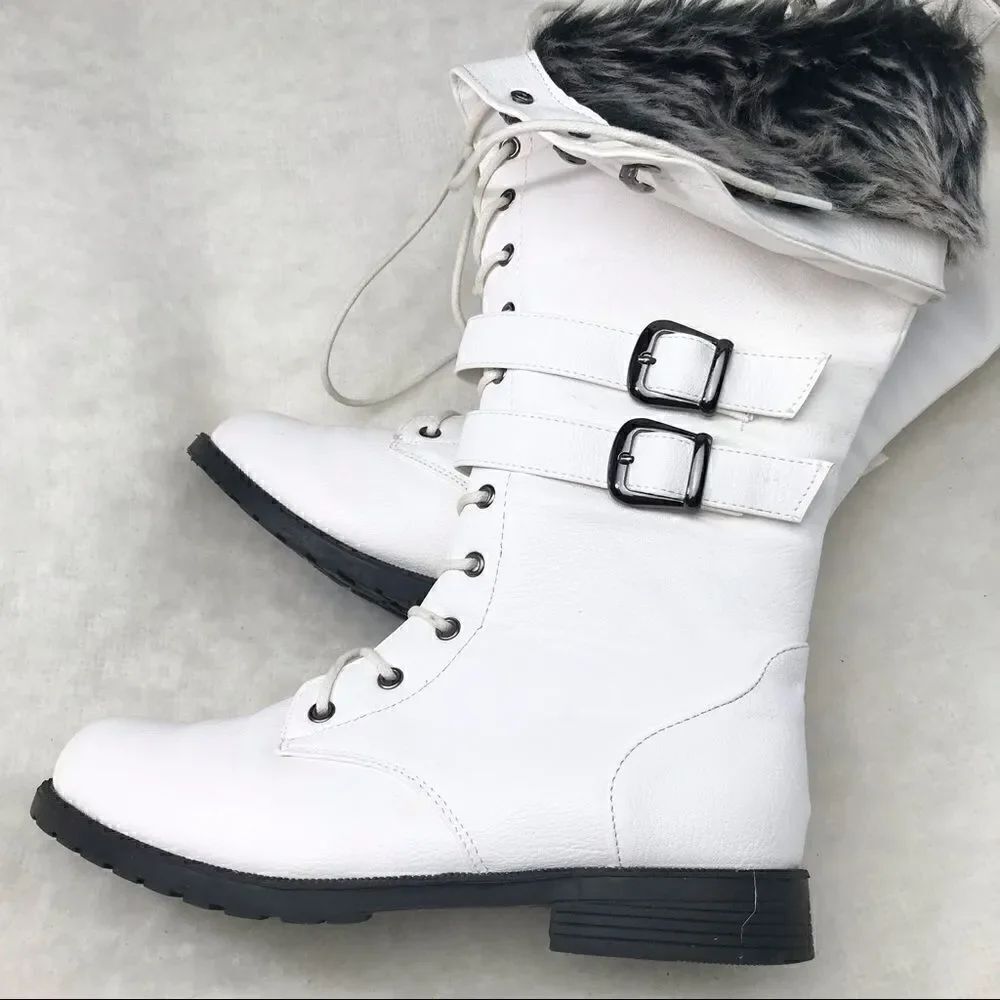 West Blvd Faux Fur Trimmed Lace Up White Boots